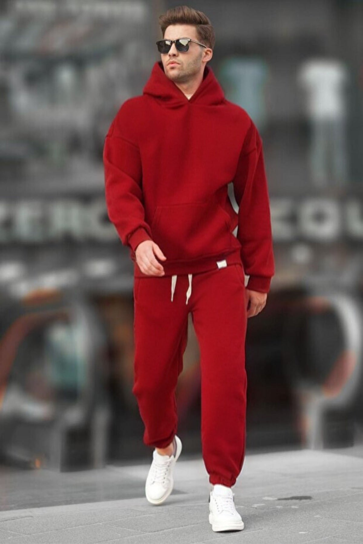 Kapşonlu 3 İ̇plik Şardonlu Rahat Kesim Kışlık Hoodie Eşofman Takımı - Kırmızı - 1