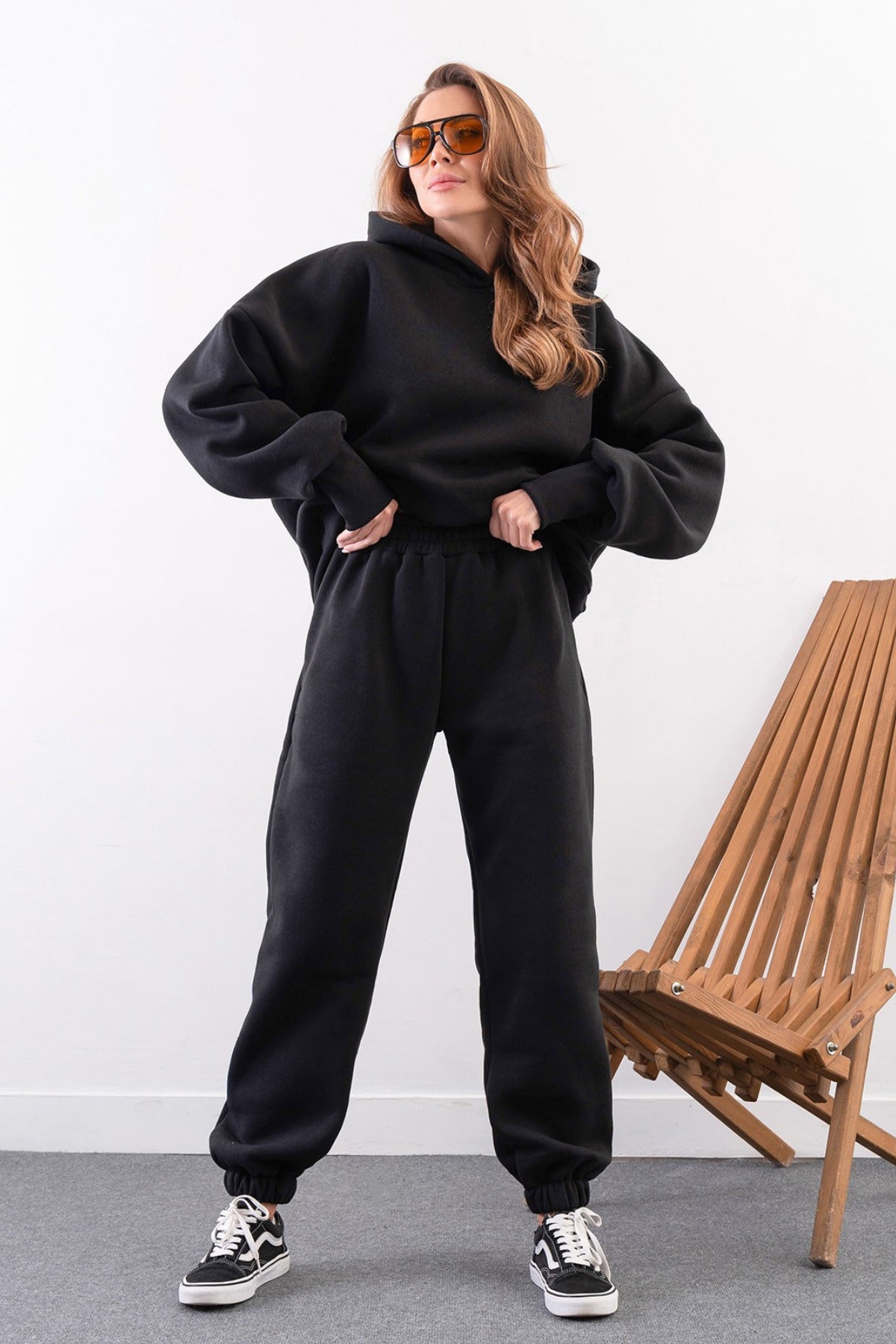 Kadın Yüksek Bel 3 İ̇plik Kalın Şardonlu Oversize Fit Jogger Eşofman Takımı - Siyah - 1
