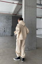 Kadin 3 İ̇pli̇k Oversi̇ze Fermuarli Sweatshi̇rt Hirka Eşofman Takimi - Beige - 2