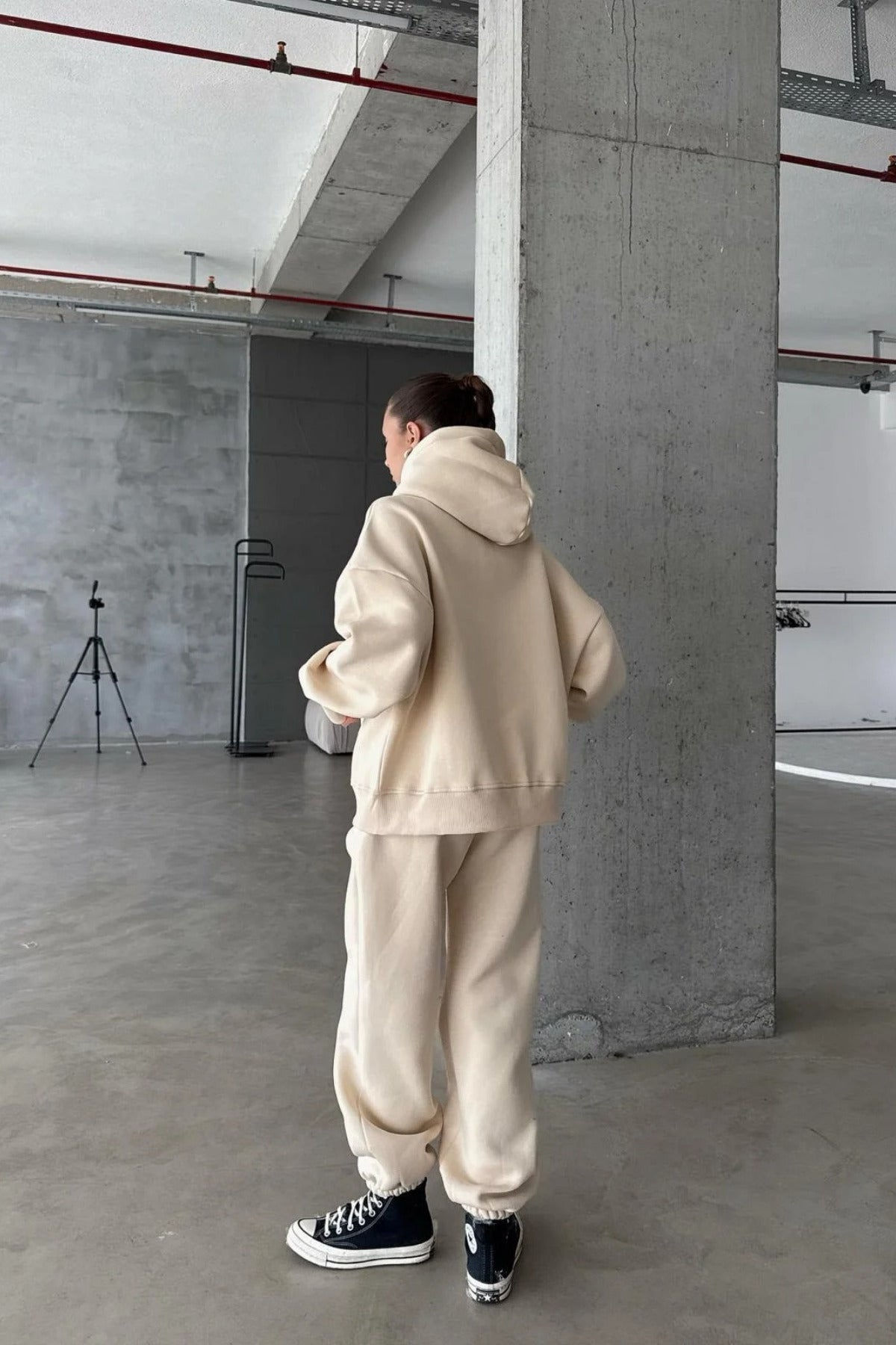 Kadin 3 İ̇pli̇k Oversi̇ze Fermuarli Sweatshi̇rt Hirka Eşofman Takimi - Beige - 2