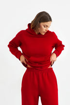 Kadın Yumuşak Kumaş Geniş Kalıp Hoodie Sweatshirt - Kırmızı - 1