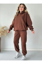 Kadın Unisex Kapüşonlu 3 İplik Oversize Eşofman Takımı - Vizon - 2