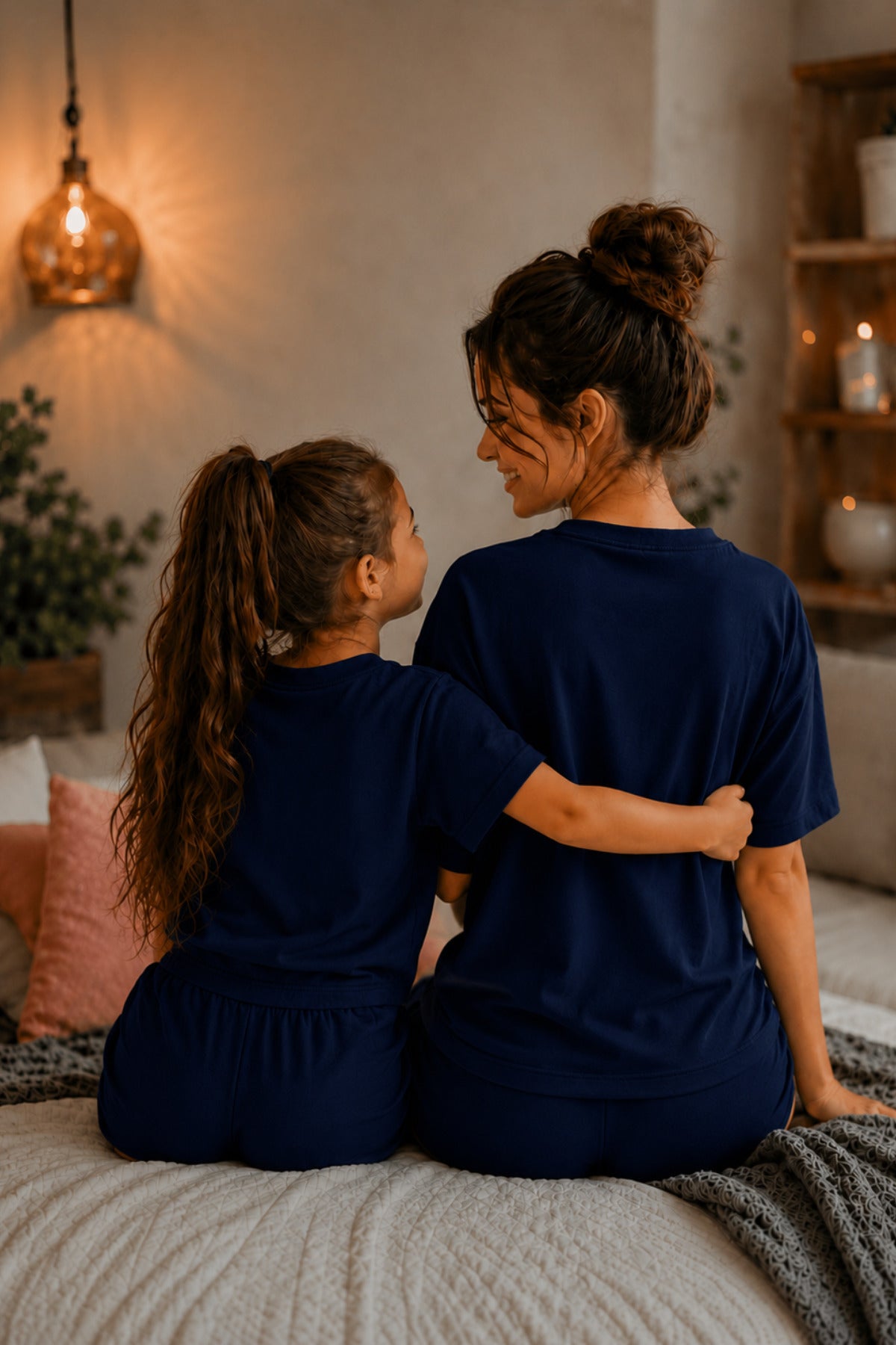 Anne Çocuk Kisa Kollu Oversize Esnek Rahat Beli̇ Bağcikli Modern Kesi̇m Trend Yazlik Günlük Alt Üst Takim - Lacivert - 5