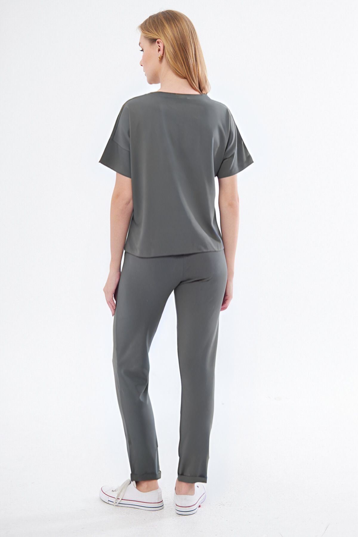 Kadın Basic Yazlık Kısa Kollu Pijama Takımı Oversize - Füme - 3