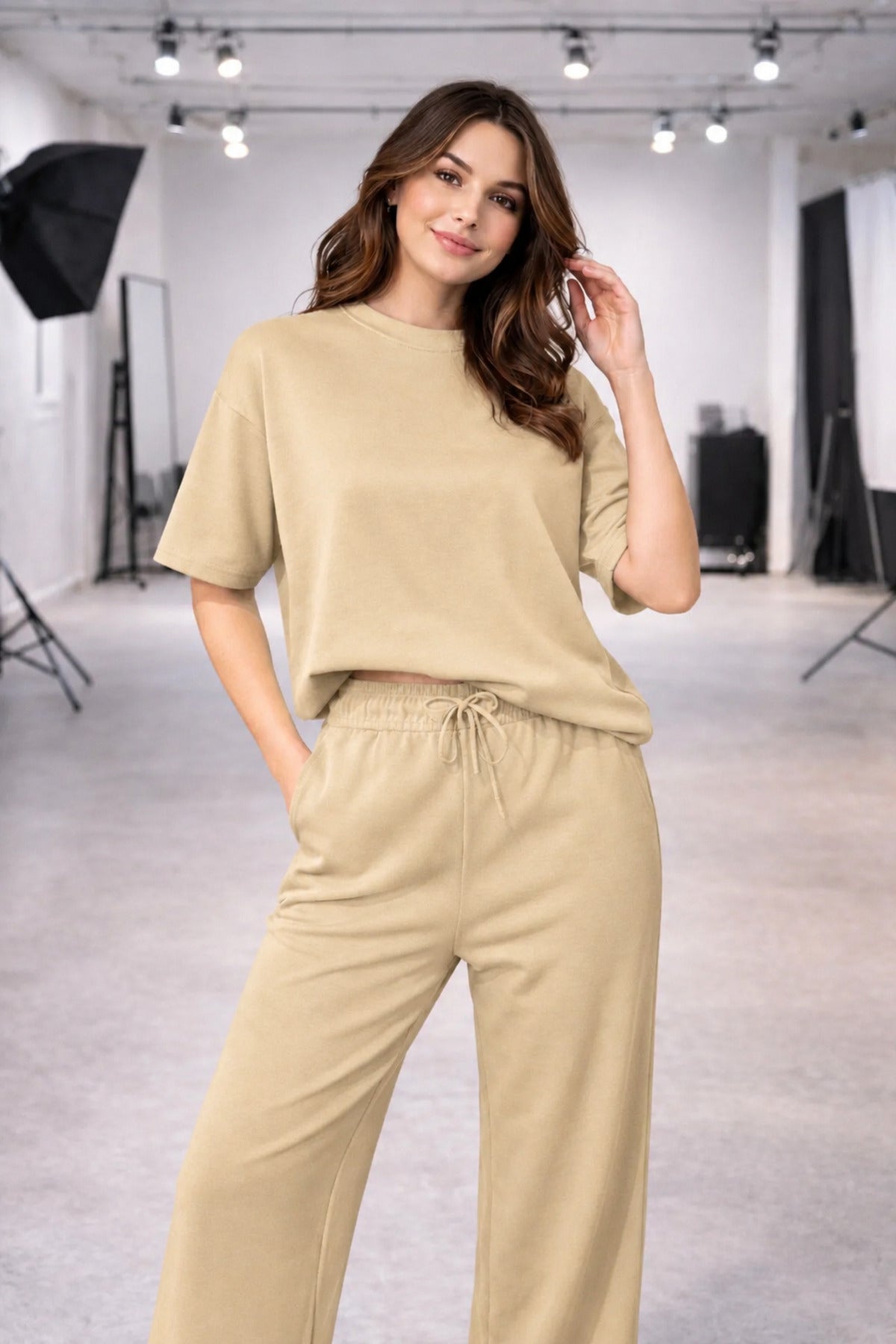 Kadın Bisiklet Yaka Yazlık Kısa Kollu Trend Model Alt Üst Takımı - Vizon - 2