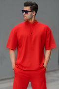 Erkek Oversize Penye Nefes Alan T-shirt - Kırmızı - 1