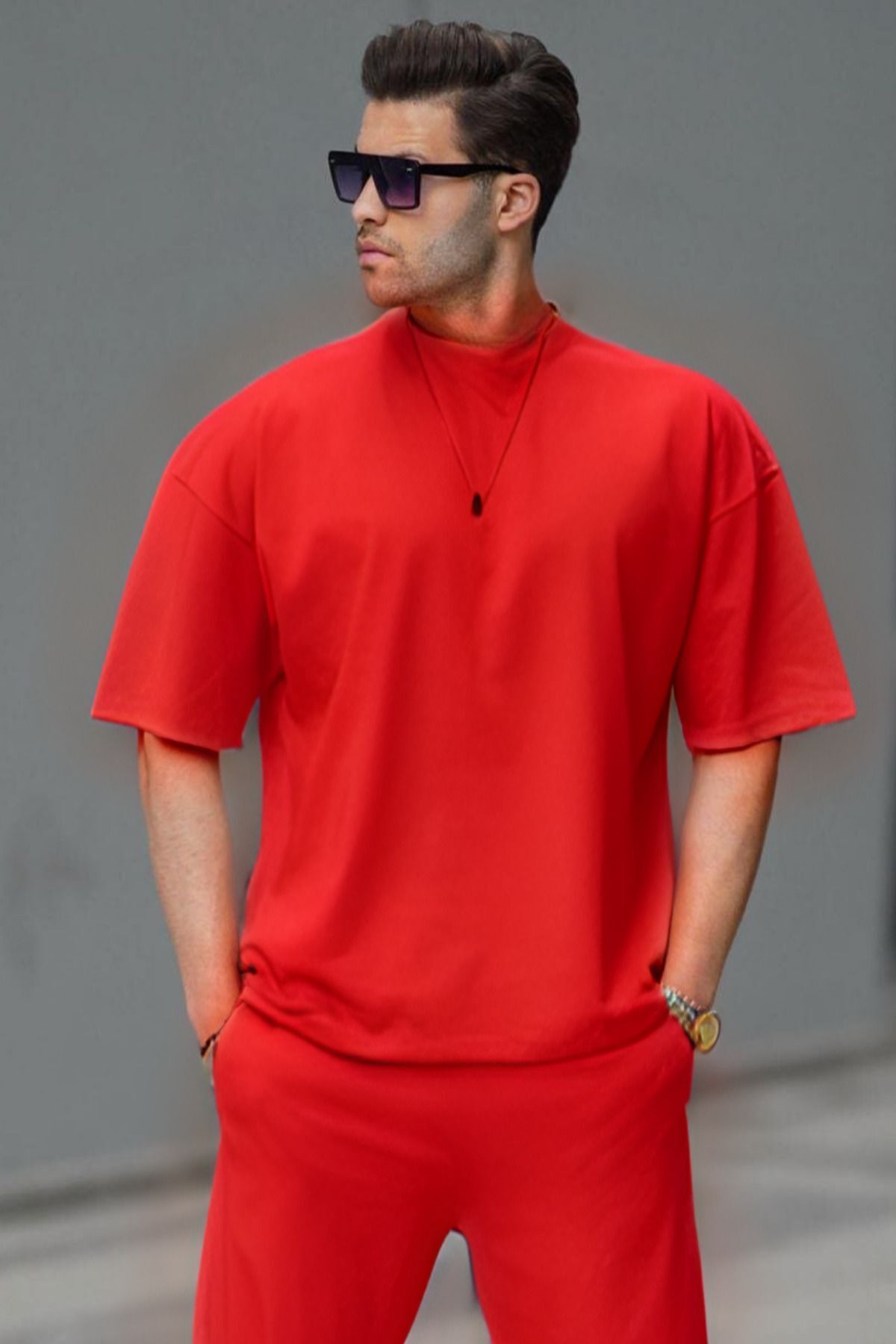 Erkek Oversize Penye Nefes Alan T-shirt - Kırmızı - 1