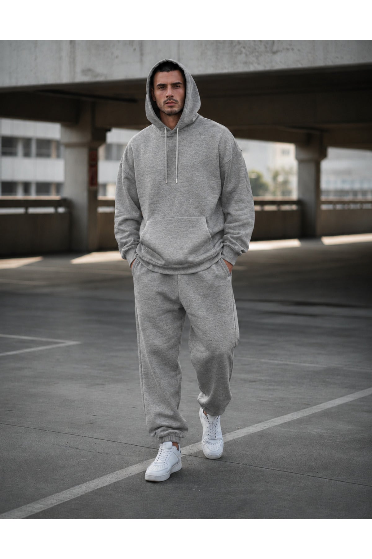 Erkek 3 İ̇pli̇k Kapüşonlu Rahat Lasti̇k Paça Jogger Eşofman Takimi - Gri Melanj - 1