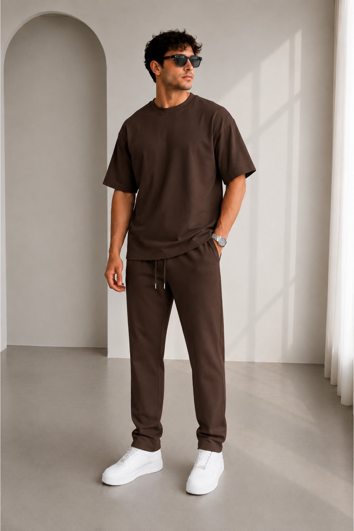 Erkek Oversize Basic İ̇kili Takım Bisiklet Yaka Rahat Kalıp Günlük Eşofman Takımı - Kahverengi - 1