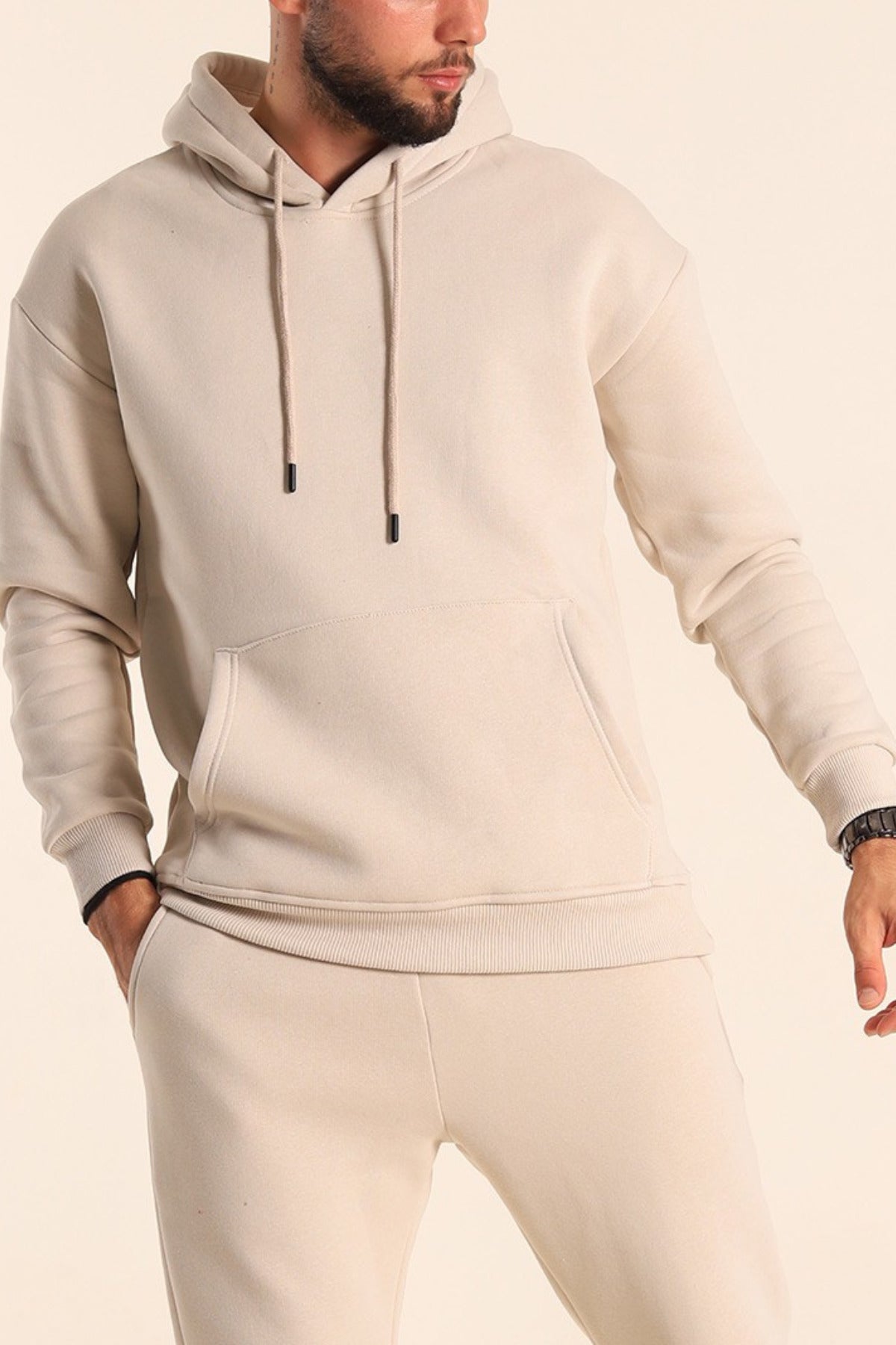 Erkek Rahat Kalın Pamuklu Kışlık Sweatshirt - Krem - 2