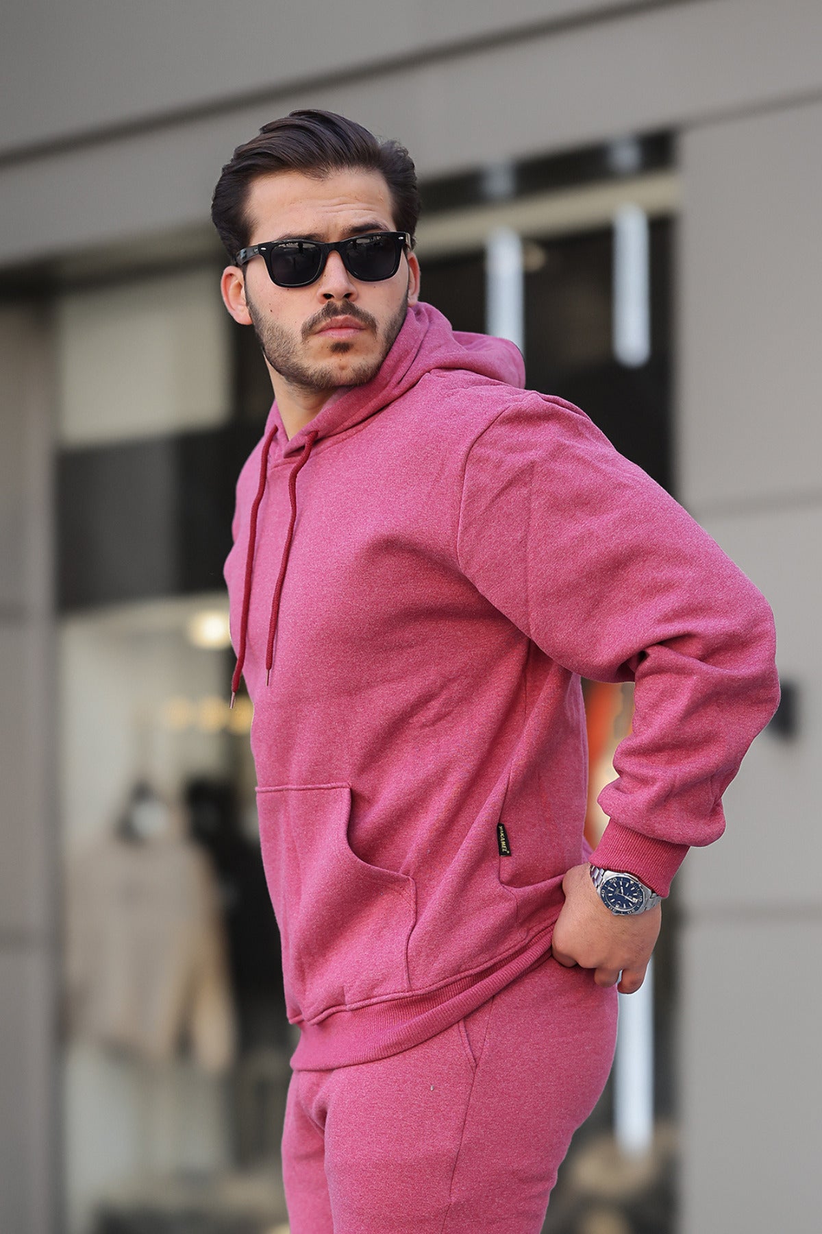 Erkek Bol Kesim Oversize 3 İ̇plik İ̇çi Pamuklu Şardonlu Kanguru Cep Kapşonlu Kışlık Hoodie Sweatshirt - Mürdüm Melanj - 2