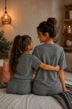 Anne Çocuk Kisa Kollu Oversize Esnek Rahat Beli̇ Bağcikli Modern Kesi̇m Trend Yazlik Günlük Alt Üst Takim - Füme - 5