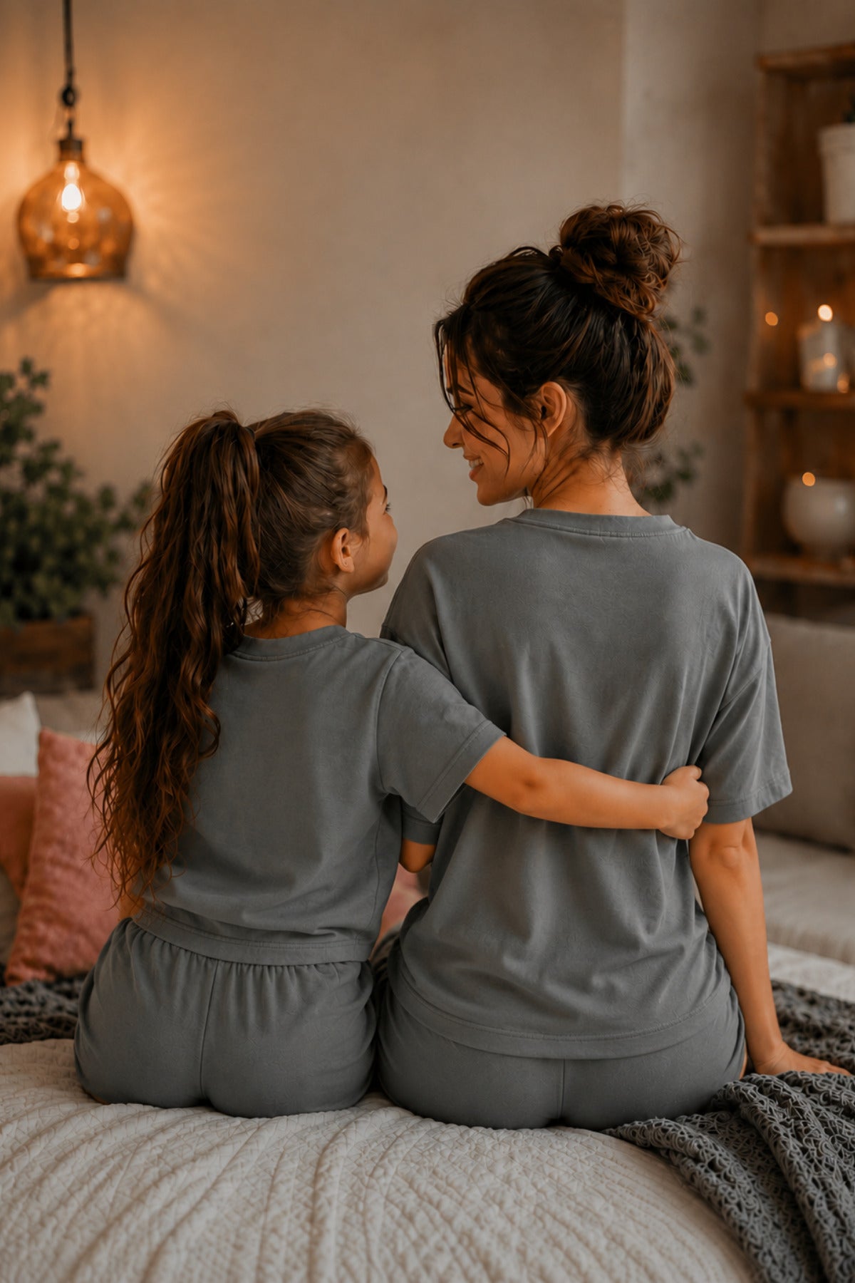 Anne Çocuk Kisa Kollu Oversize Esnek Rahat Beli̇ Bağcikli Modern Kesi̇m Trend Yazlik Günlük Alt Üst Takim - Füme - 5