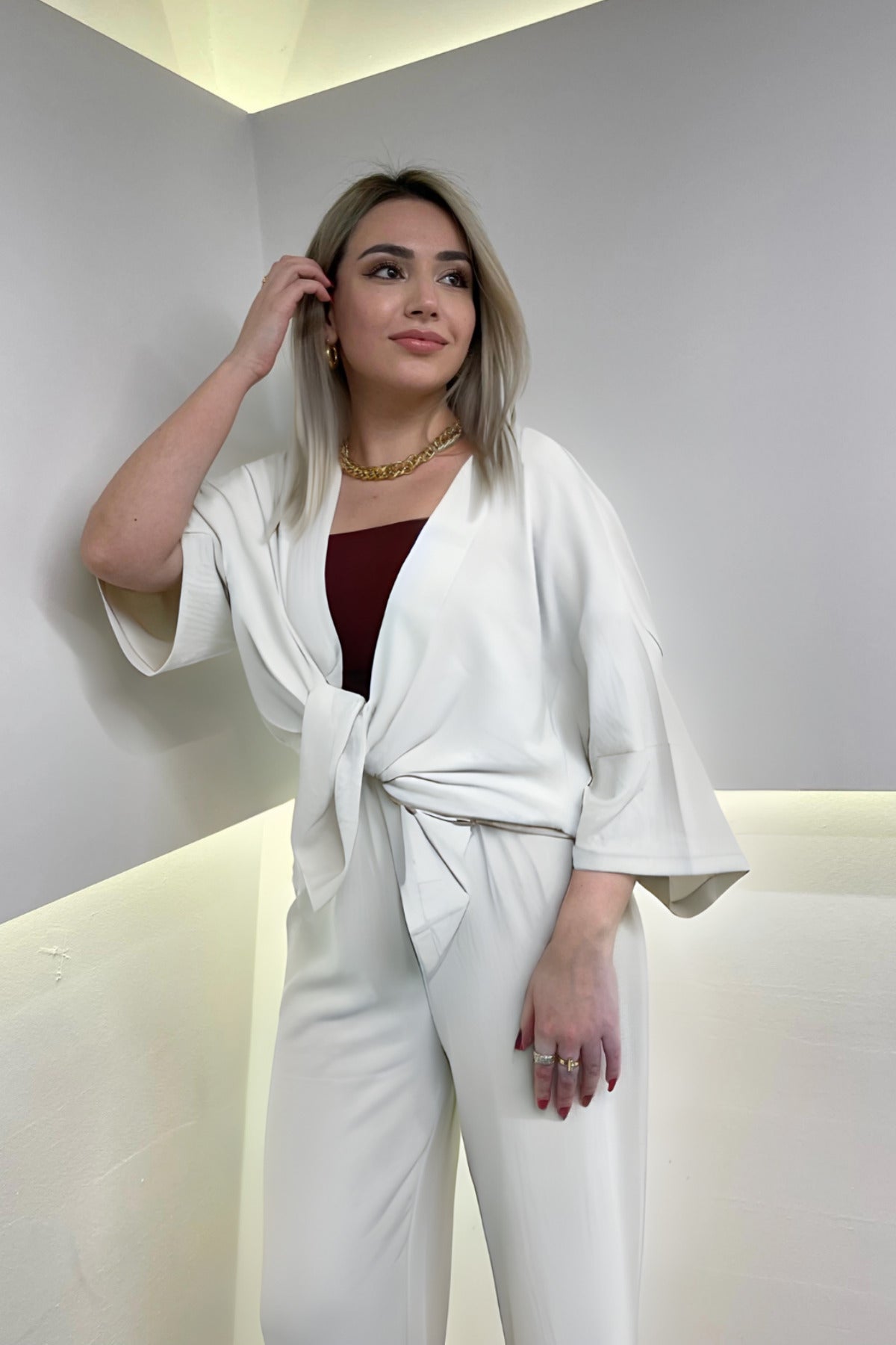 Kadın Beyaz Dökümlü Bürümcük Yazlık Kimono Takım - WHİTE - 2