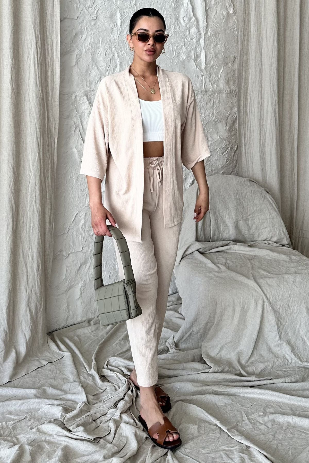 Kadın Dökümlü Bürümcük Yazlık Palazzo Kimono Takım - Bej - 3
