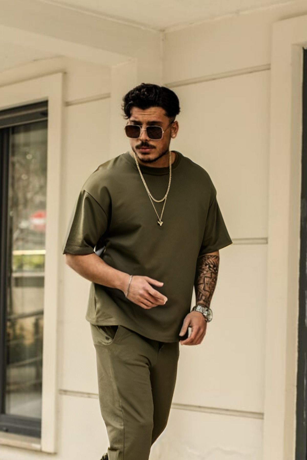 Erkek Kısa Kollu Pijama Takımı Bisiklet Yaka Salaş Oversize - Haki - 1