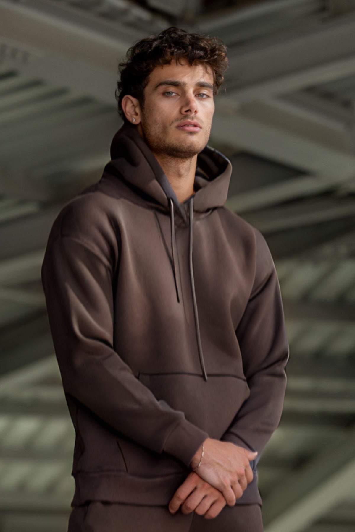 Erkek Ribanalı Kapşonlu Yaka Sweatshirt 3 İplik - Kahverengi - 1