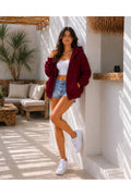 Kadin 3 İ̇pli̇k Şorsonlu Oversi̇ze Fermuarli Kapüşonlu Sweat Hirka - Bordo - 1
