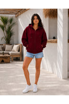 Kadin 3 İ̇pli̇k Şorsonlu Oversi̇ze Fermuarli Kapüşonlu Sweat Hirka - Bordo - 2