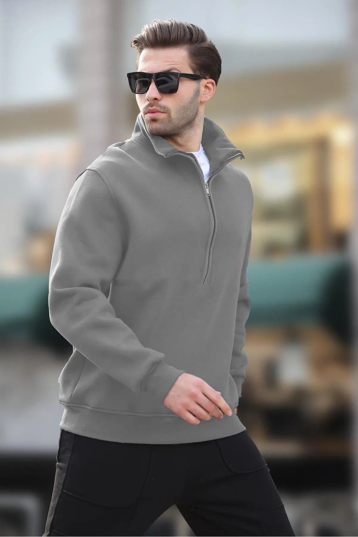 Erkek Yarım Fermuarlı Dik Yaka Oversize 3 İ̇plik Şardonlu Sweatshirt - Gri - 1