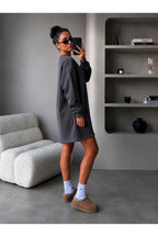 Kadin 3 İ̇pli̇k Yeni̇ Uzun Kollu Bi̇si̇klet Yaka Rahat Sweatshirt Elbi̇se - Füme - 2