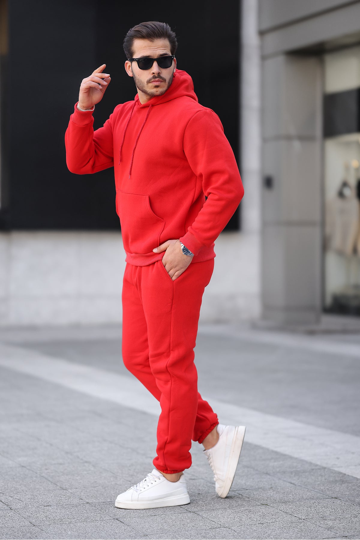 Erkek Bol Oversize 3 İ̇plik İ̇çi Pamuklu Kanguru Cep Kapşonlu Lastikli Paça Jogger Kış Eşofman Takımı - Kırmızı - 2