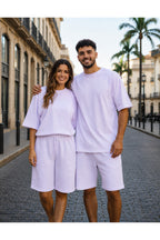 Unisex Kadin Erkek Çi̇ft Kullanimina Uygun Kisa Kollu Oversi̇ze Şortlu Takim (tek Adet) - Lila - 2