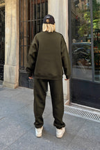 Kadın Oversize Puf Geniş Kalıp Basic Pamuklu Mevsimlik Rahat Eşofman Takımı - Haki - 3
