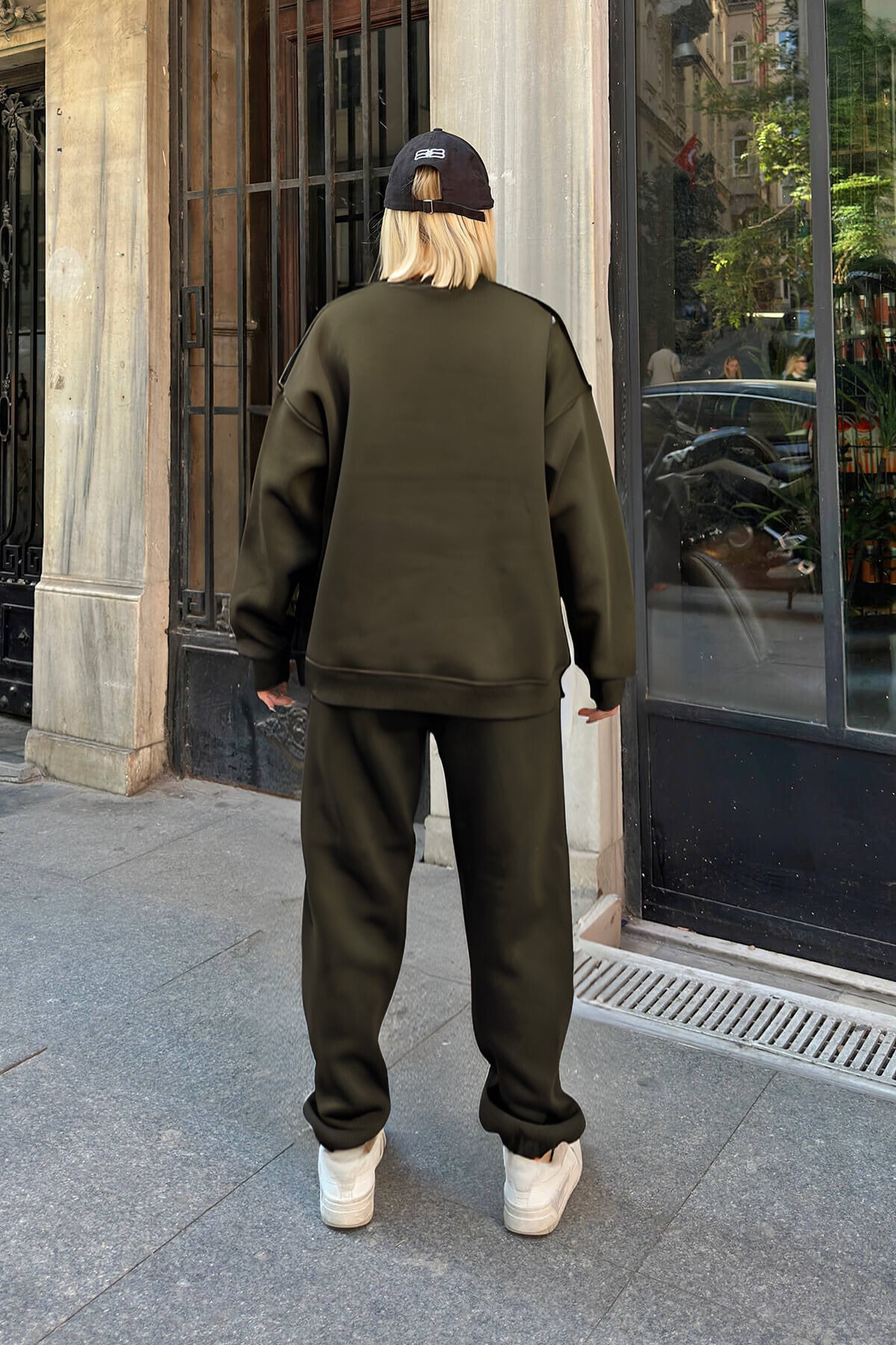 Kadın Oversize Puf Geniş Kalıp Basic Pamuklu Mevsimlik Rahat Eşofman Takımı - Haki - 3