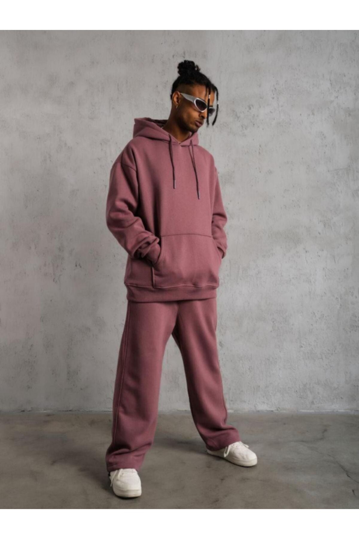 Erkek Gül Kurusu 3 İ̇plik Kapşonlu Kanguru Cep Hoodie Eşofman Takımı - GÜL KURU - 3