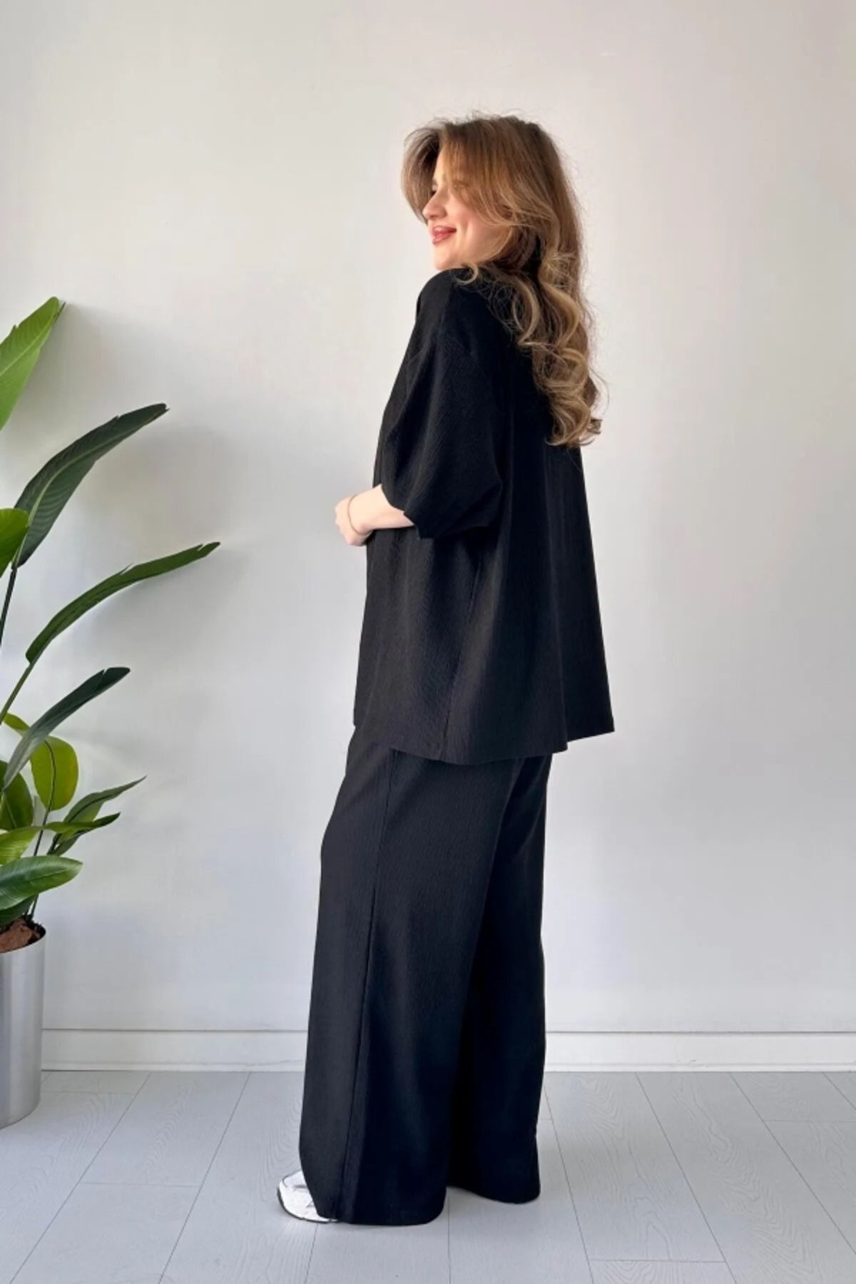 Kadın Dökümlü Bürümcük Yazlık Kimono Takım - SİYAH A - 2