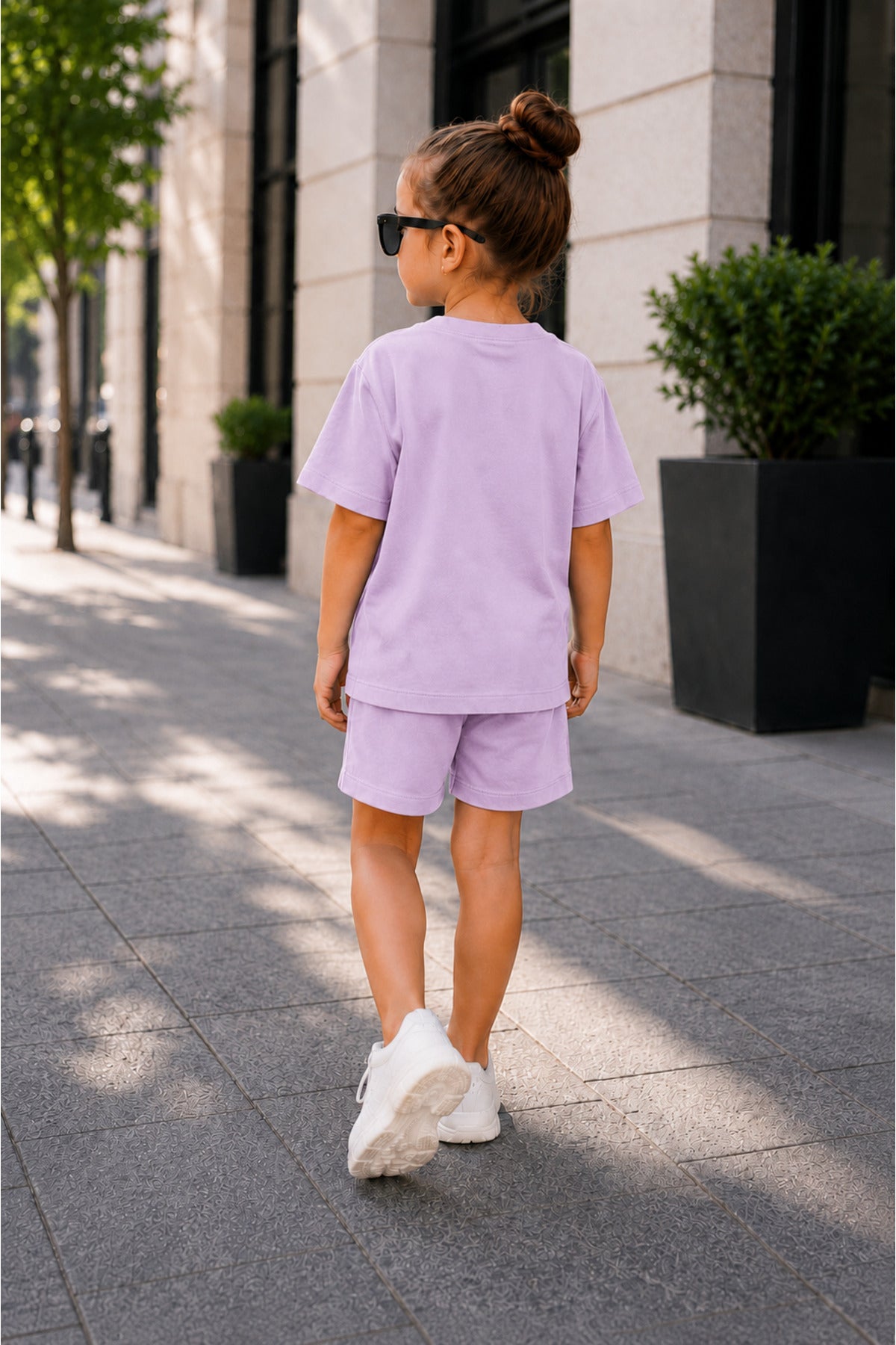 Çocuk Unisex Kisa Kollu Oversize Günlük Kullanima Uygun Li̇krali Beli̇ Bağlamali Rahat Kesi̇m Basic Yazlik Şortlu İ̇ki̇li̇ Takim - Lila - 4