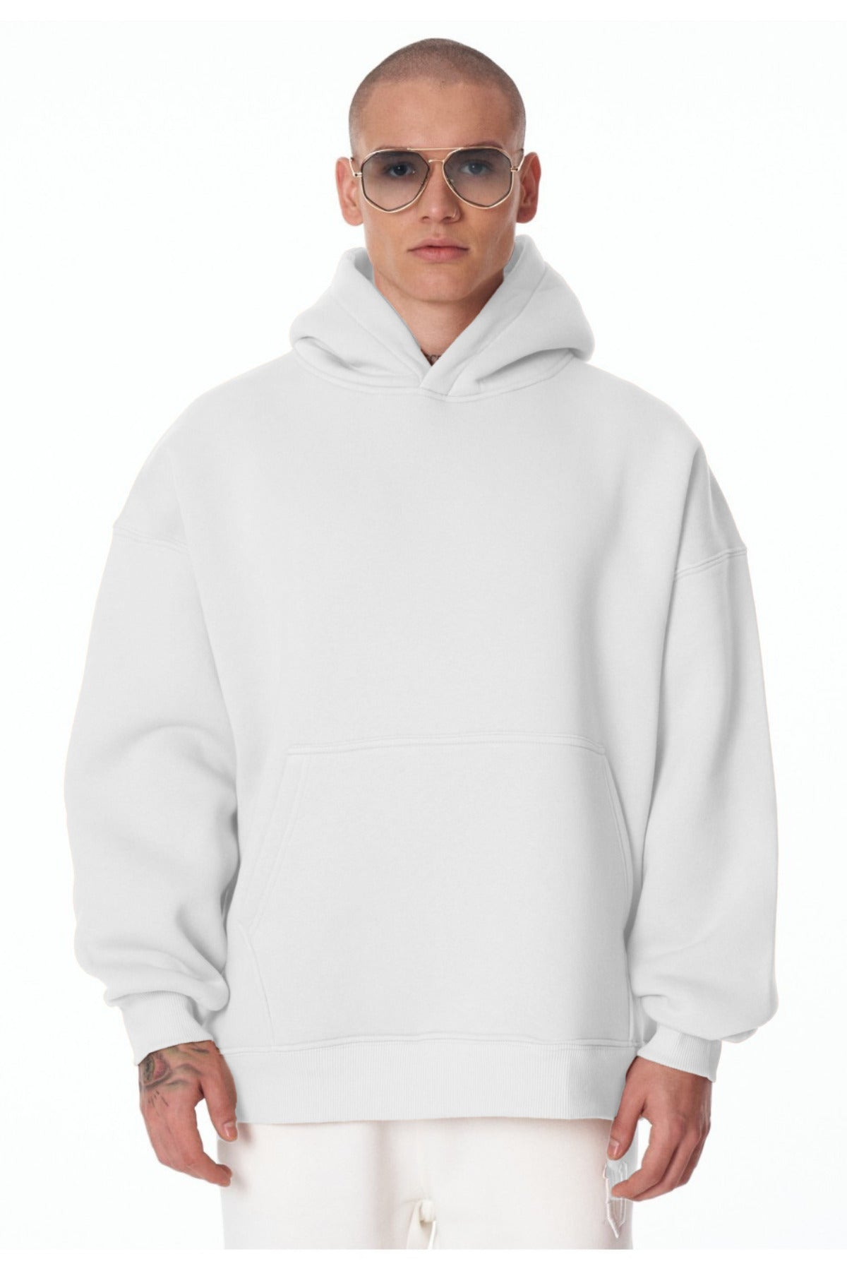 Erkek Bol Kesim Oversize 3 İ̇plik İ̇çi Pamuklu Şardonlu Kanguru Cep Kapşonlu Kışlık Hoodie Sweatshirt - Beyaz - 2