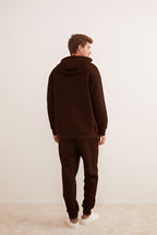 Erkek 3 İ̇plik Kapşonlu İ̇çi Pamuklu Bol Kesim Hoodie Kışlık Günlük Eşofman Takımı - Kahverengi - 2
