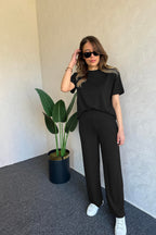 Modal Kumaş Kısa Kollu T-shirt & Pantolon Takımı - Siyah - 3