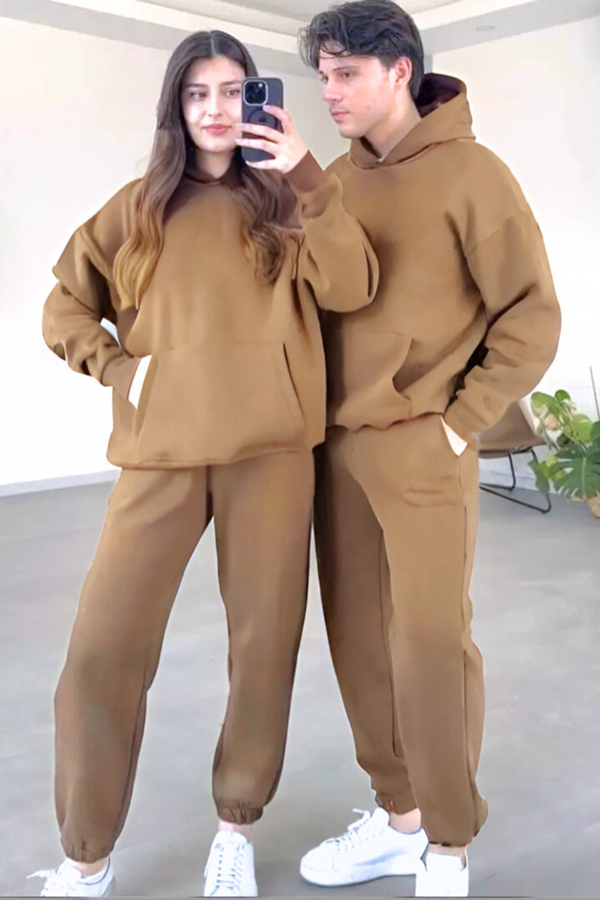 Kadın Erkek Trend Model Çiftlere Özel 3 İplik Oversize Kışlık Kalın Eşofman Takımı (tekli̇) - Vizon - 1