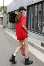 Kadın Oversize Penye Rahat Yazlık Kısa Kollu T-shirt - Kırmızı - 3