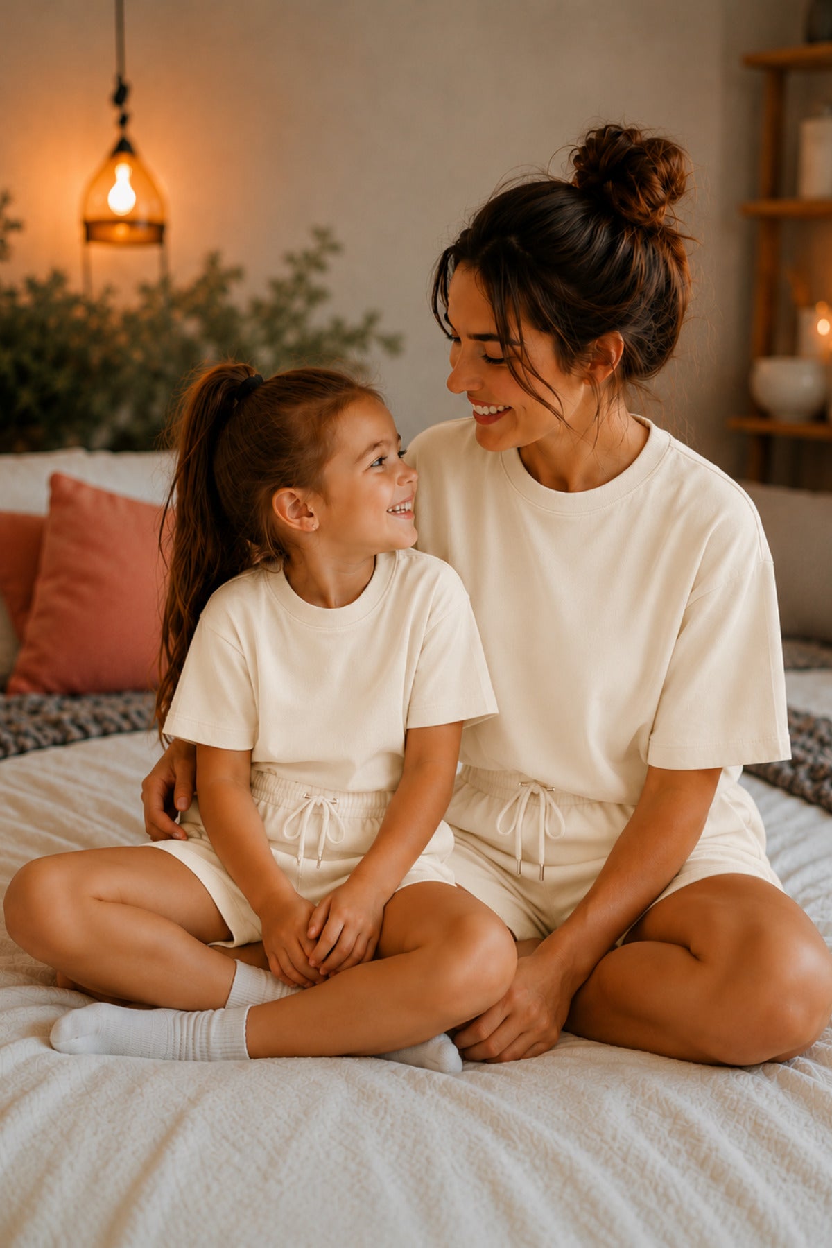 Anne Çocuk Kisa Kollu Oversize Esnek Rahat Beli̇ Bağcikli Modern Kesi̇m Trend Yazlik Günlük Alt Üst Takim - Bej - 4