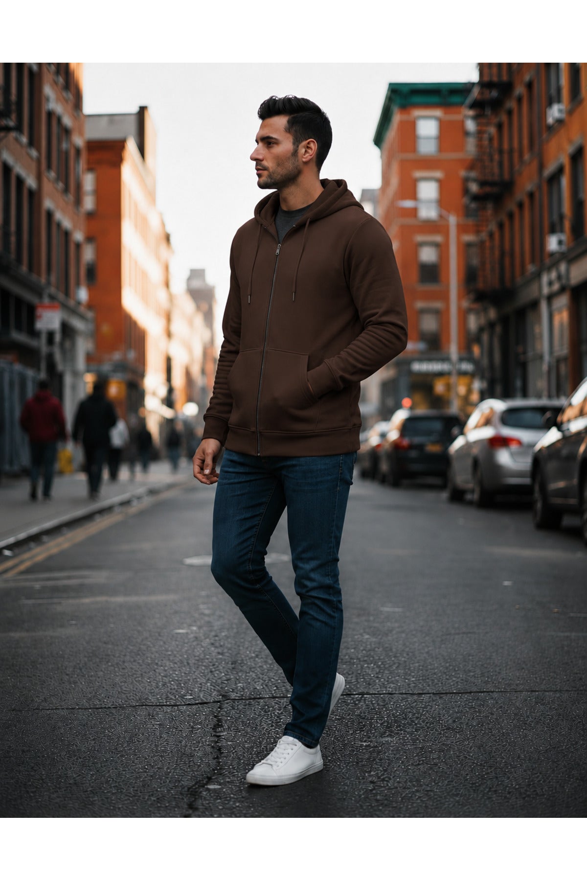 Erkek 3 İ̇pli̇k Şardonlu Oversi̇ze Fermuarli Sweatshirt Hirka - Kahverengi - 3