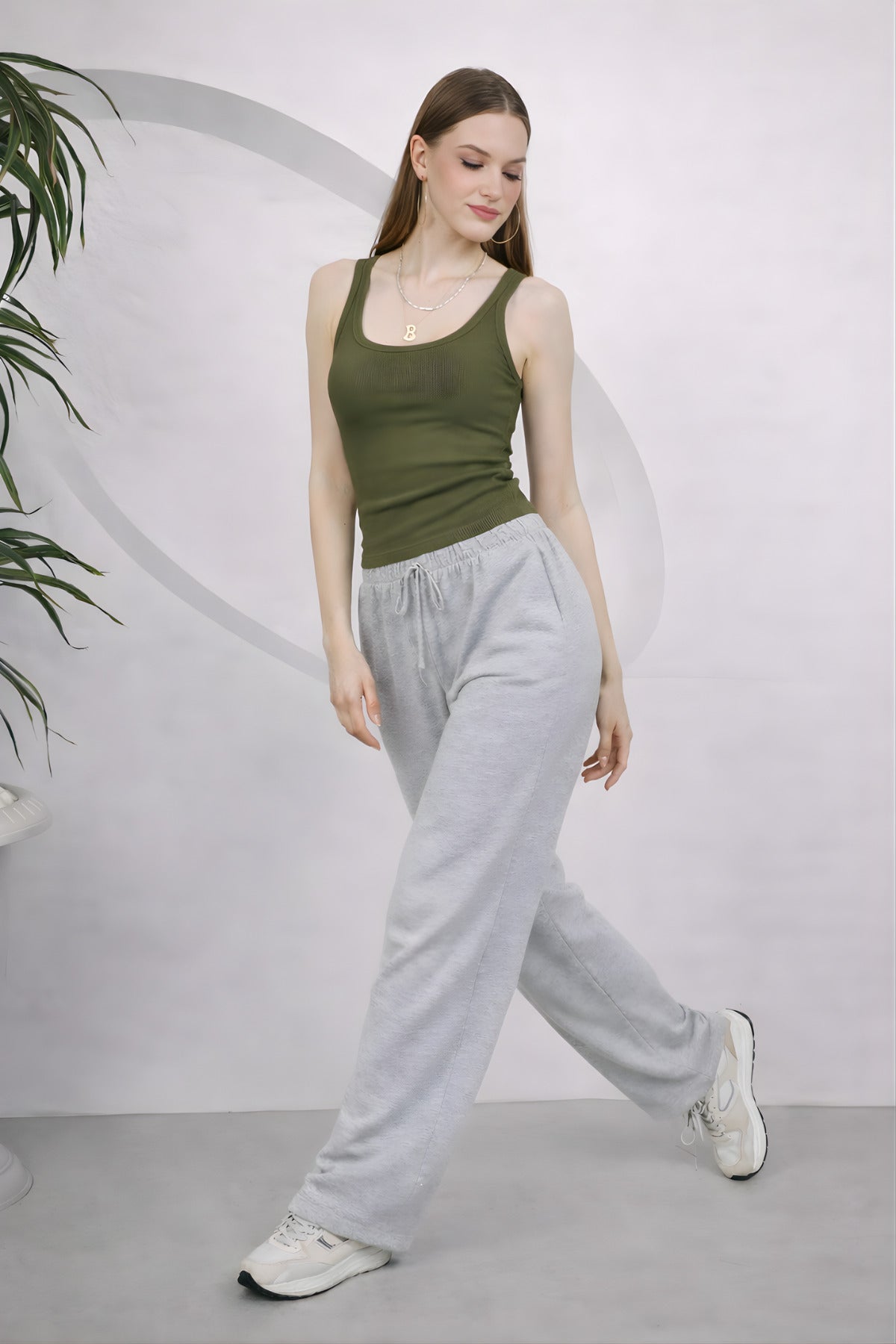 Kadin Fi̇ti̇lli̇ Kalin Askili Esnek Body Atlet - Açık Haki - 4