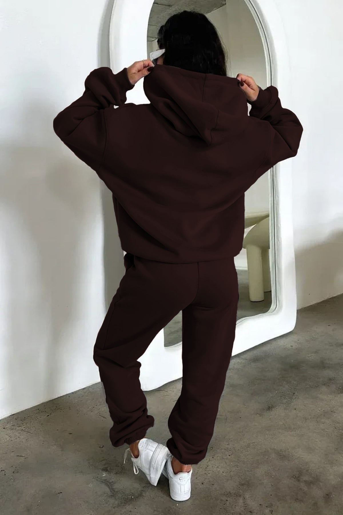 Kadın Paçası Lastikli Kapşonlu Oversize Eşofman Takımı - Kahverengi - 3