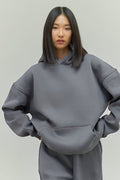 Kadın Rahat Oversize 3 İ̇plik Pamuklu Şardonlu Kanguru Cep Kapşonlu Sweatshirt - Gri - 1