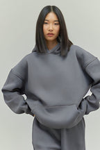 Kadın Rahat Oversize 3 İ̇plik Pamuklu Şardonlu Kanguru Cep Kapşonlu Sweatshirt - Gri - 1