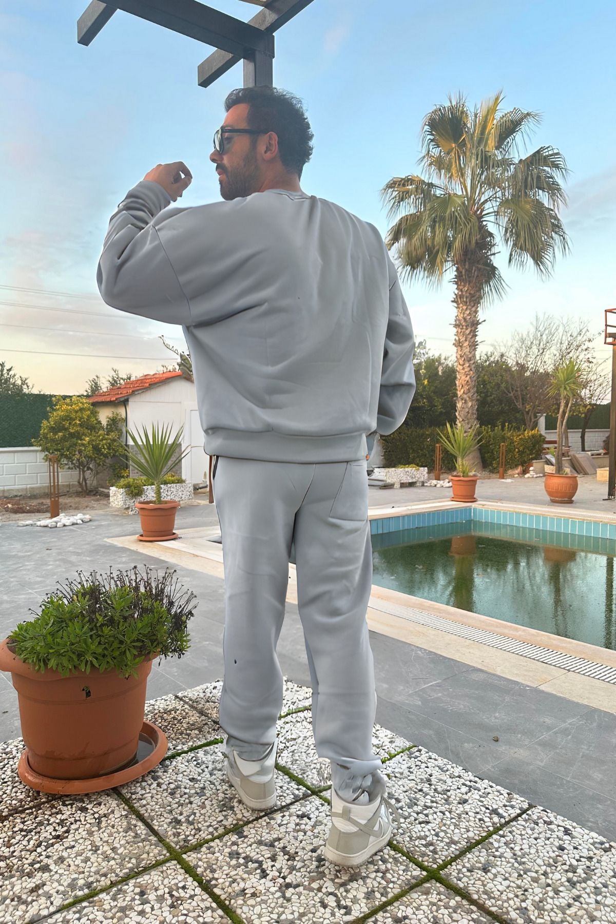 Erkek Unisex 3 İ̇plik Soft Gri̇ Takim Bisiklet Yaka Sweatshirt Ve Eşofman Altı - SOFT GRİ - 5