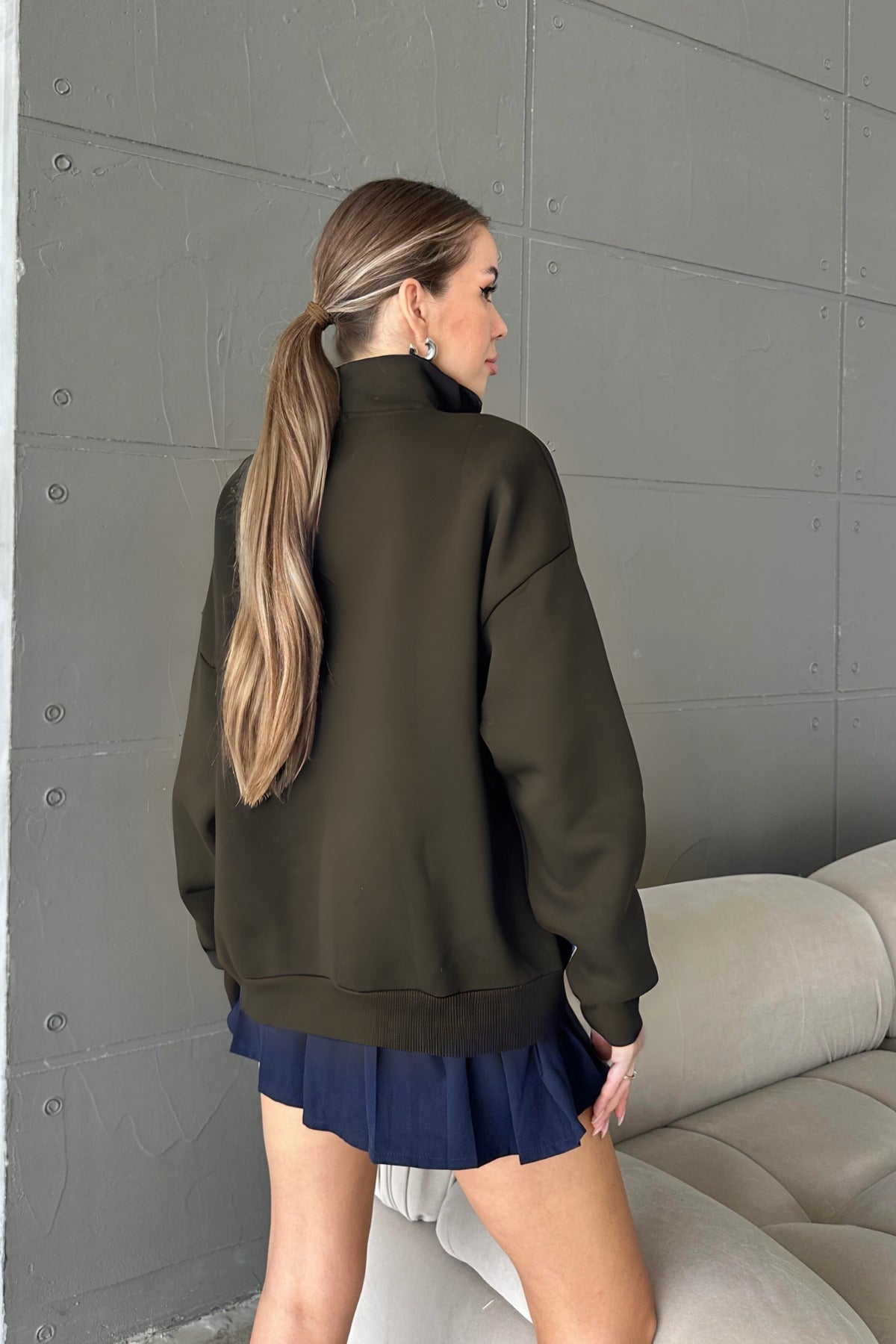 Unisex 3 İ̇plik Şardonlu Oversize Yarım Fermuarlı Sweatshirt - Haki - 3