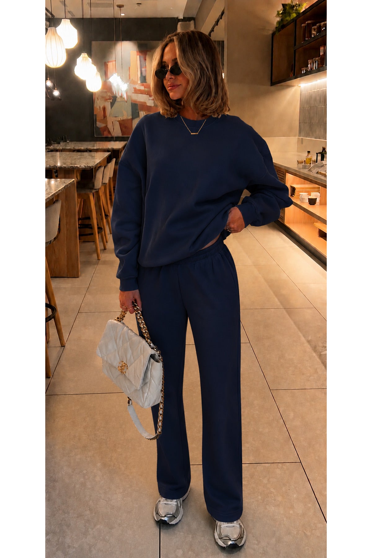 Kadin 3 İ̇pli̇k Bi̇si̇klet Yaka Sweatshirt Eşofman Takimi - Lacivert - 1