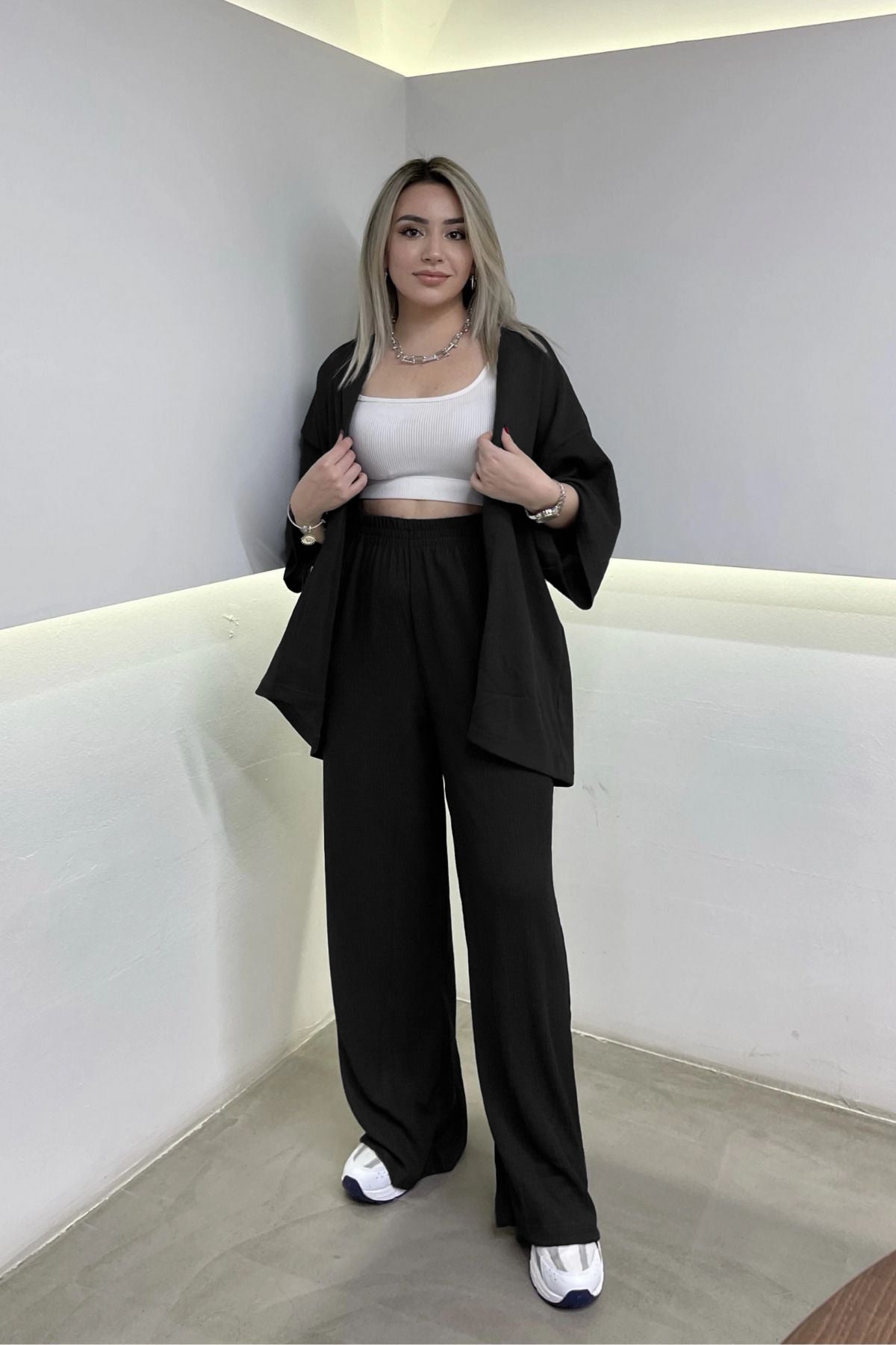 Kadın Dökümlü Bürümcük Yazlık Kimono Takım - Black c1 - 1
