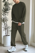 Erkek Bisiklet Yaka Oversize Jogger Paçası Lastikli Alt Üst Eşofman Takımı - Haki - 1