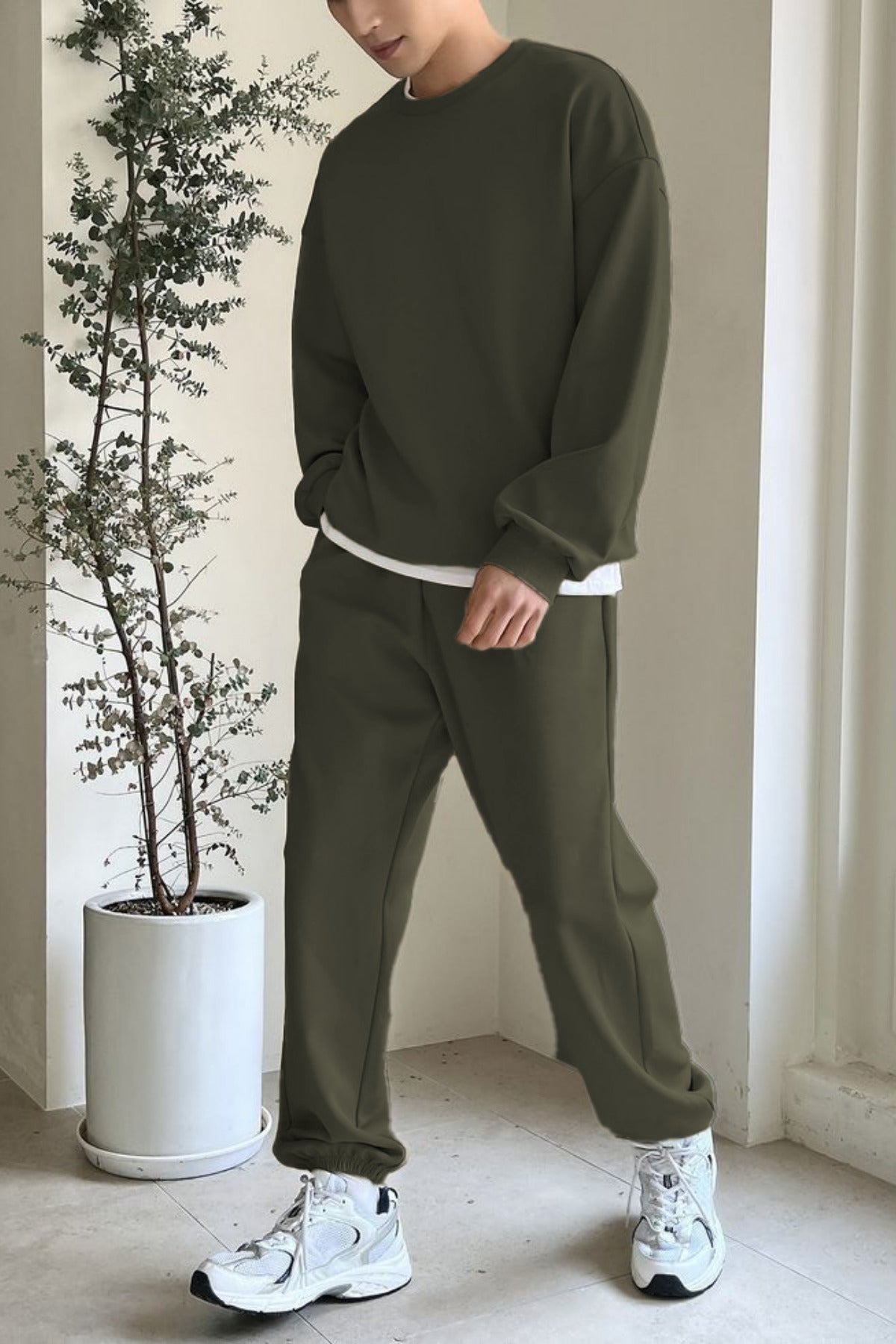 Erkek Bisiklet Yaka Oversize Jogger Paçası Lastikli Alt Üst Eşofman Takımı - Haki - 1