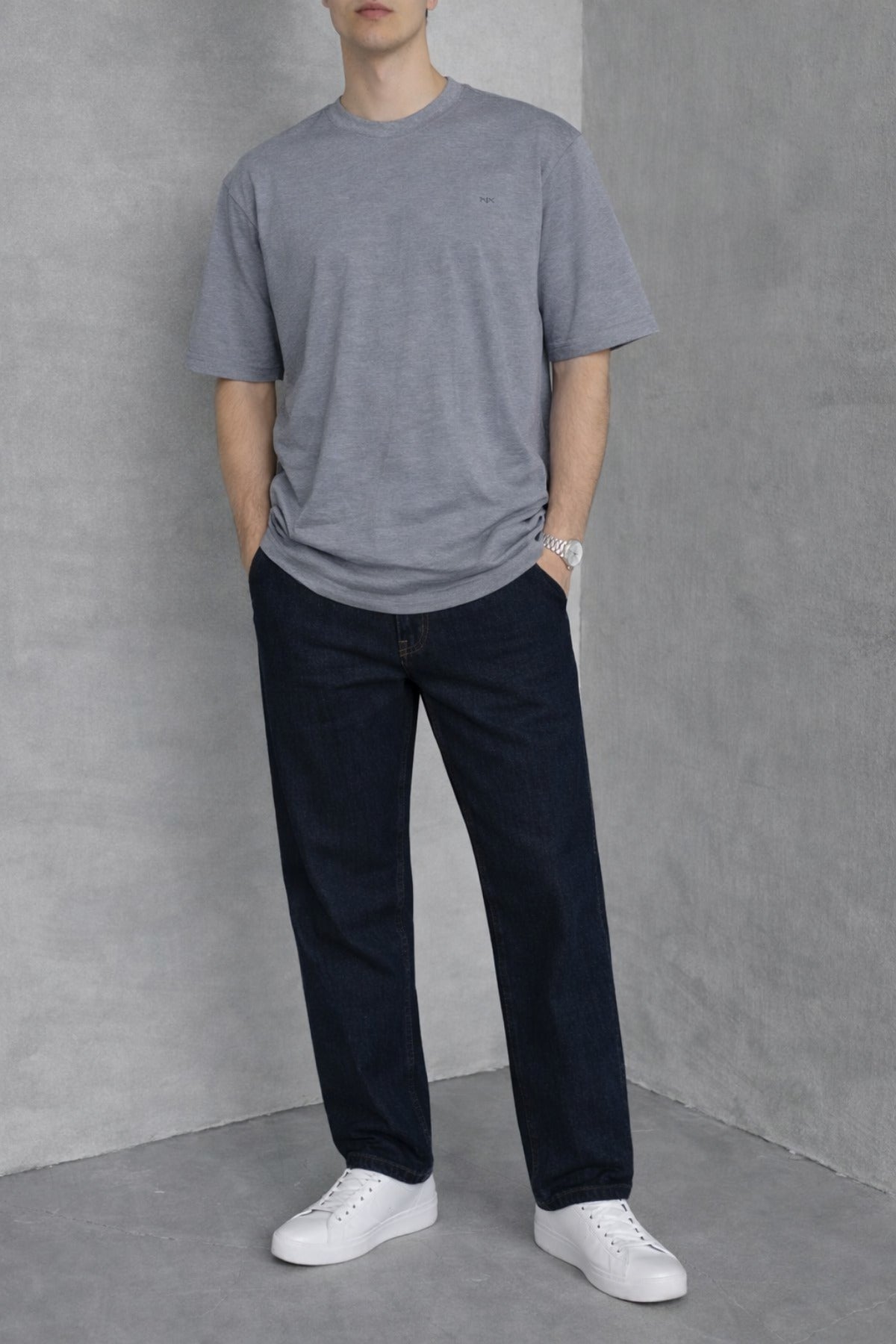Erkek Siyah Basic Oversize Tişört Rahat Kalıp Düz Minimal Pamuklu Günlük T-shirt - Koyu Gri - 3
